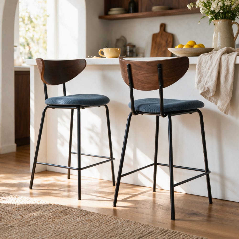 2er Set Barstühle aus marineblauem Cord 64,5 cm - Maisons Du