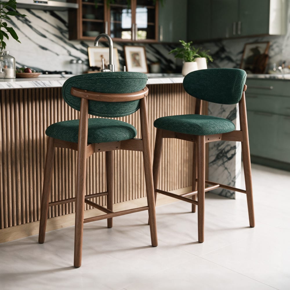 2er Set Barstühle aus tannengrünem Stoff für Kücheninsel, 64,5 cm