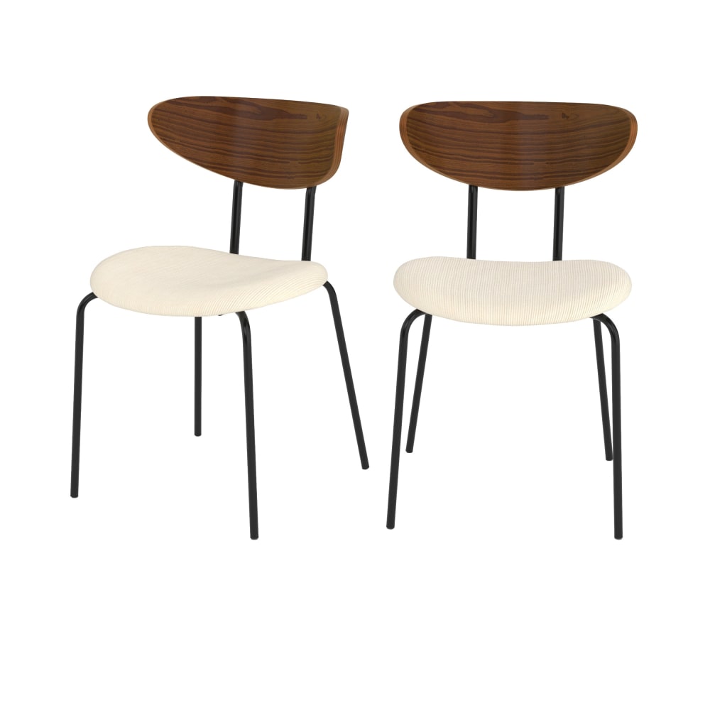 Lot de 2 chaises en velours côtelé blanc crème et dossier en bois