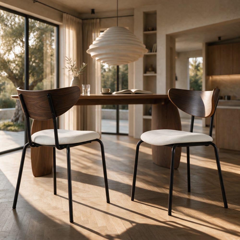 Lot de 2 chaises en velours côtelé blanc crème et dossier en bois