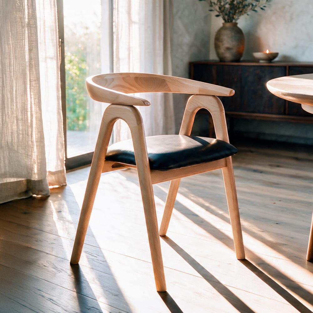 Maison Pavane Stuhl aus hellem Gummibaumholz und schwarzem Kunstleder style vintage Braun