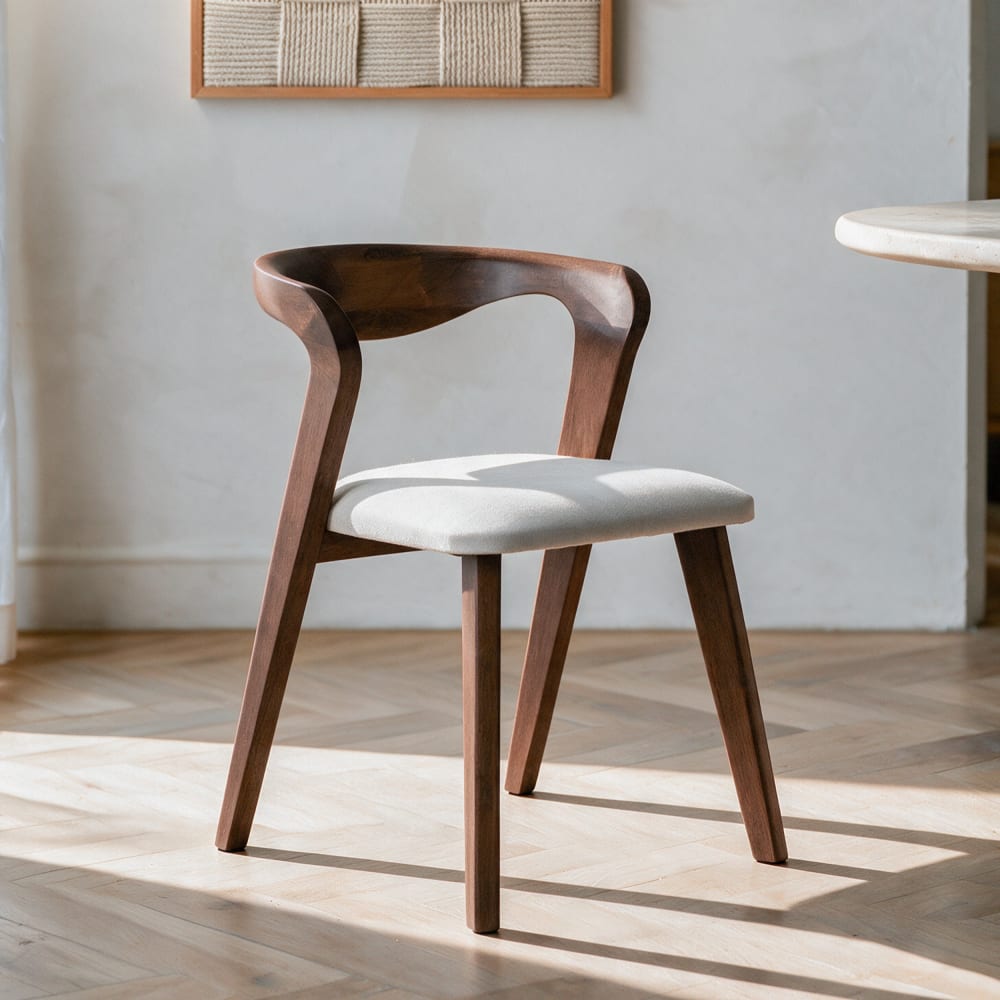 Chaise en bois d'hévéa marron et tissu beige