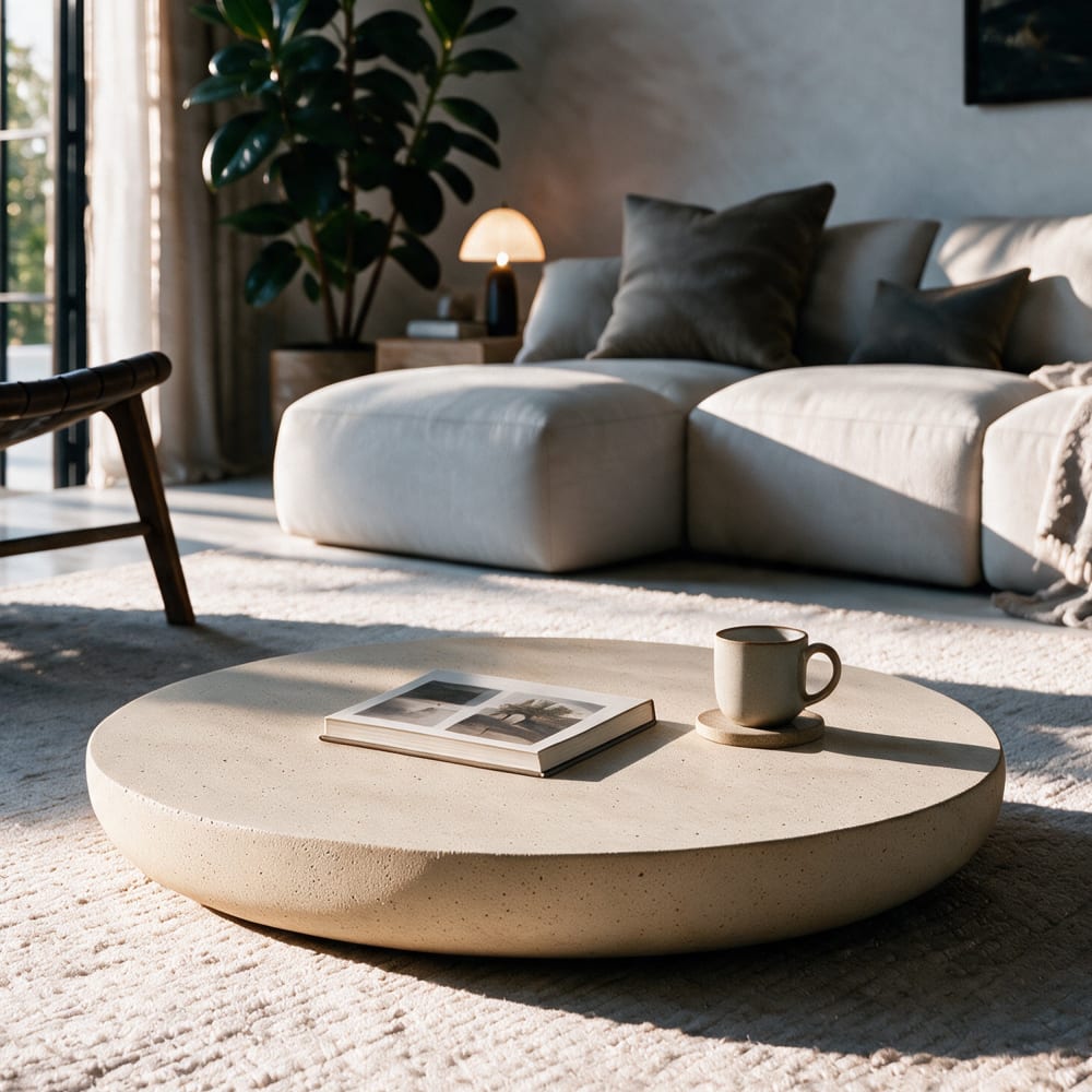 Runder Couchtisch, beige, Tonfaser, Betonoptik, Ø100 cm - Maisons