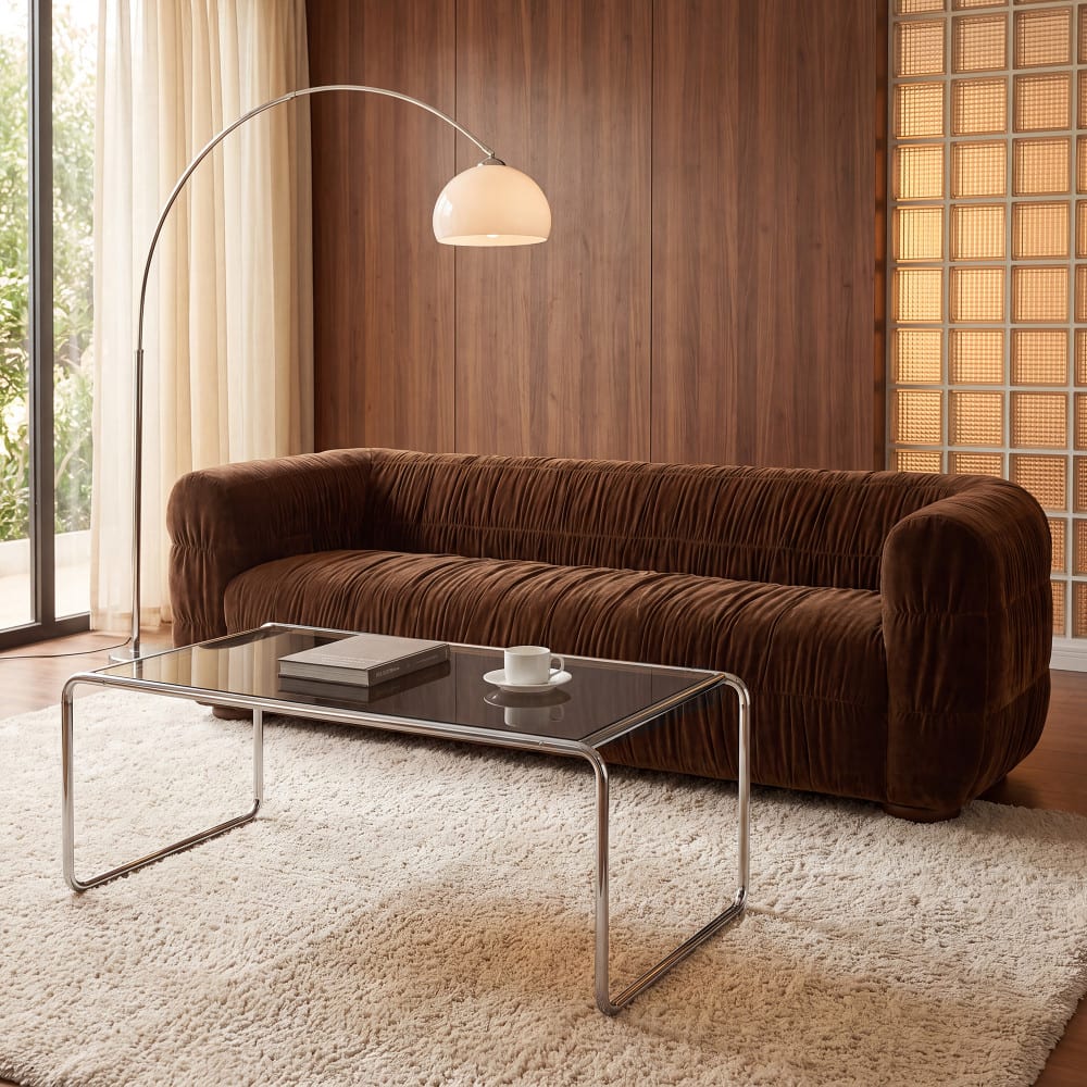 Table basse en verre pieds chrome l110cm - verre fumé