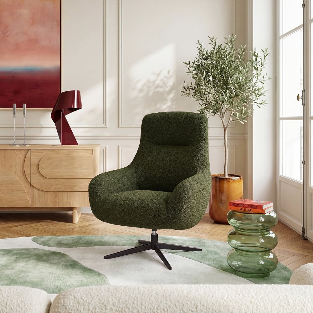 Fauteuil design pivotant en tissu bouclette et métal noir - vert sapin