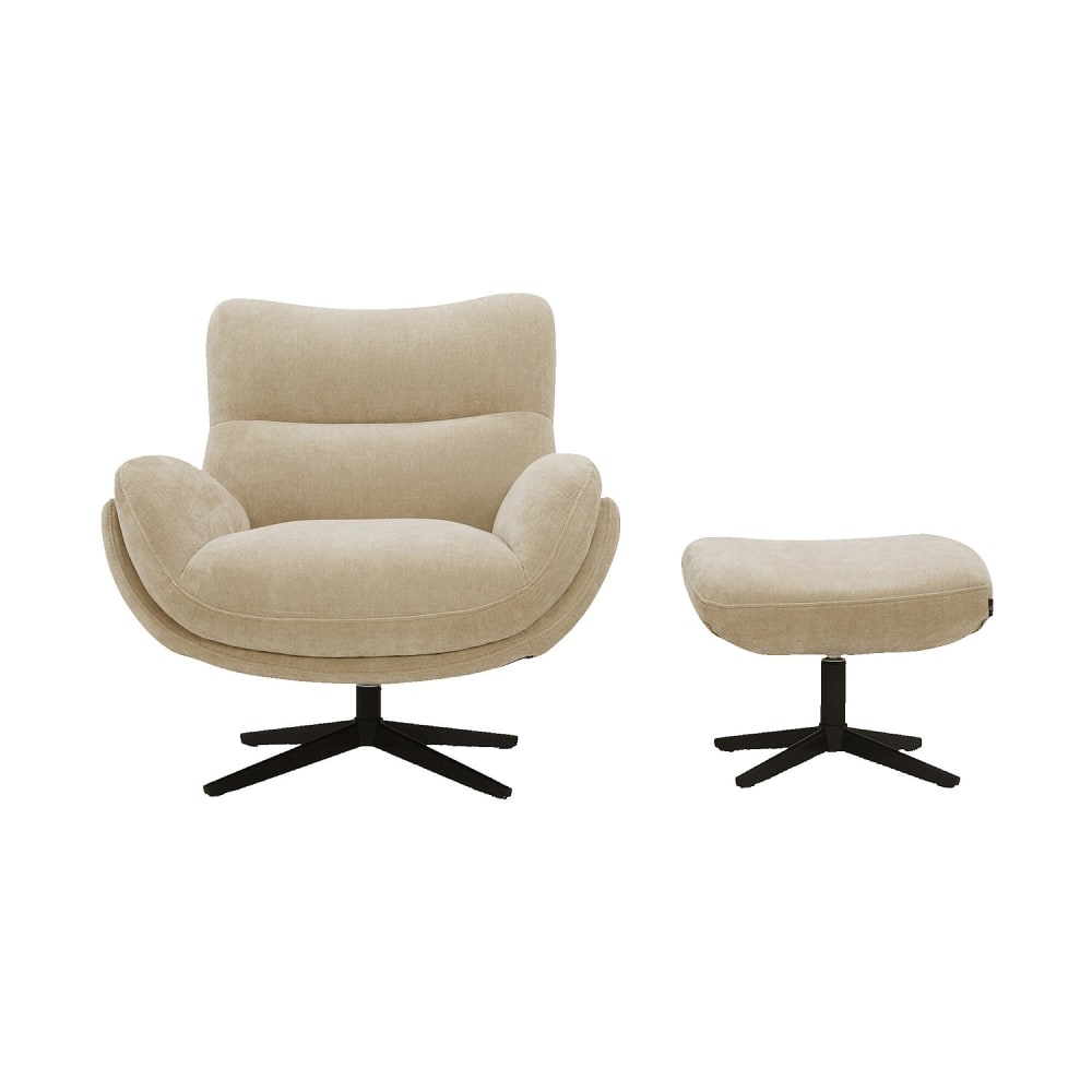 Fauteuil pivotant avec repose-pieds en tissu et métal noir - beige Fauteuil pivotant avec repose-pieds en tissu et métal noir - beige