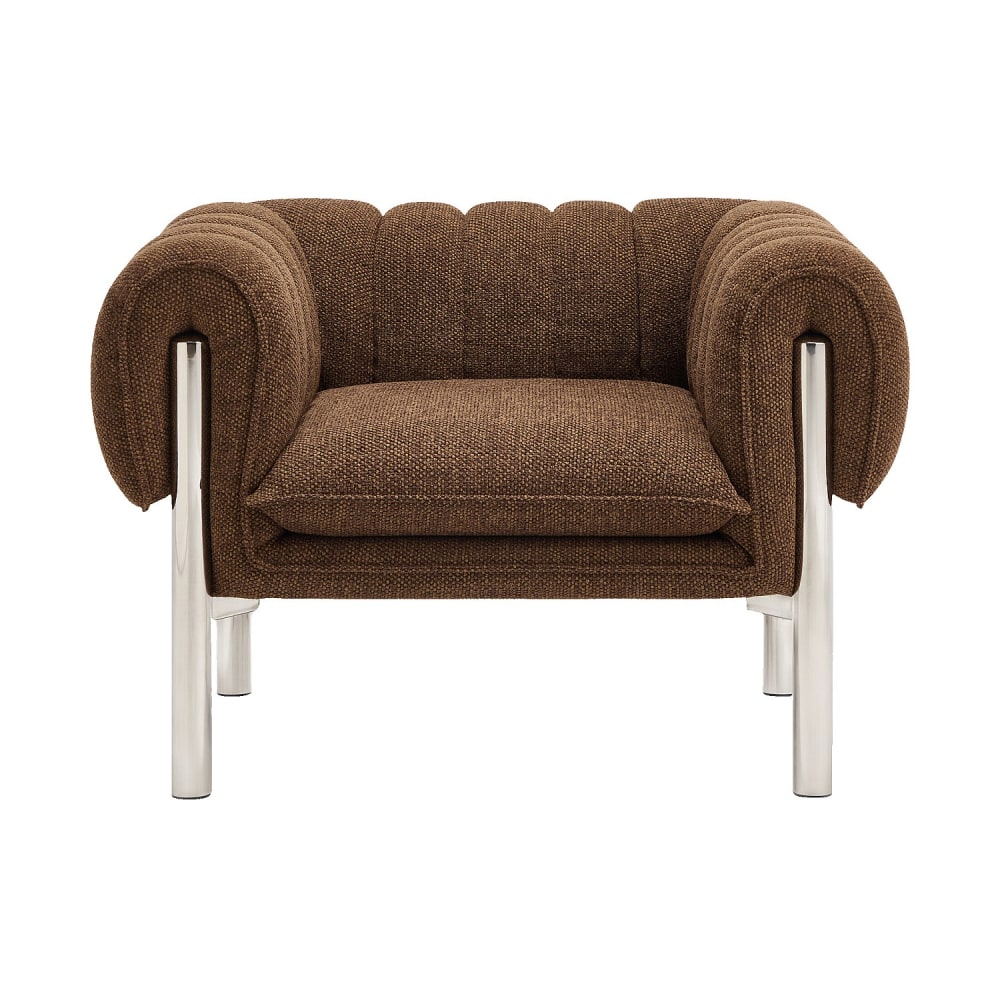 Fauteuil en tissu chenille et métal chromé - marron chocolat Fauteuil en tissu chenille et métal chromé - marron chocolat