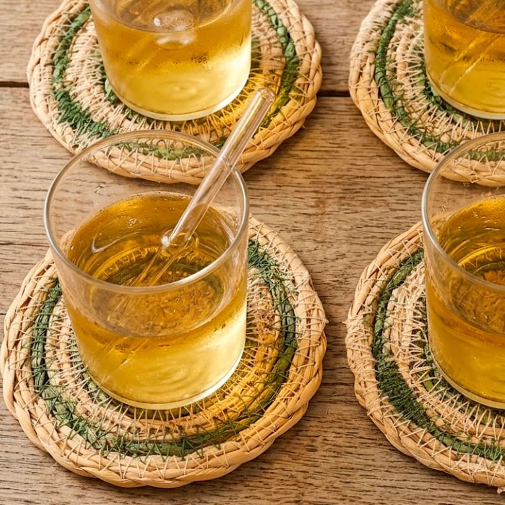 Set de 4 dessous de verre en jute vert et beige 10cm — vue 4