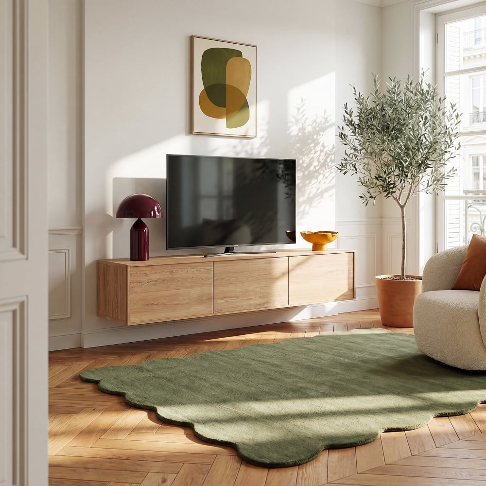Meuble tv suspendu 2 portes 1 abattant en chêne - naturel Meuble tv suspendu 2 portes 1 abattant en chêne - naturel