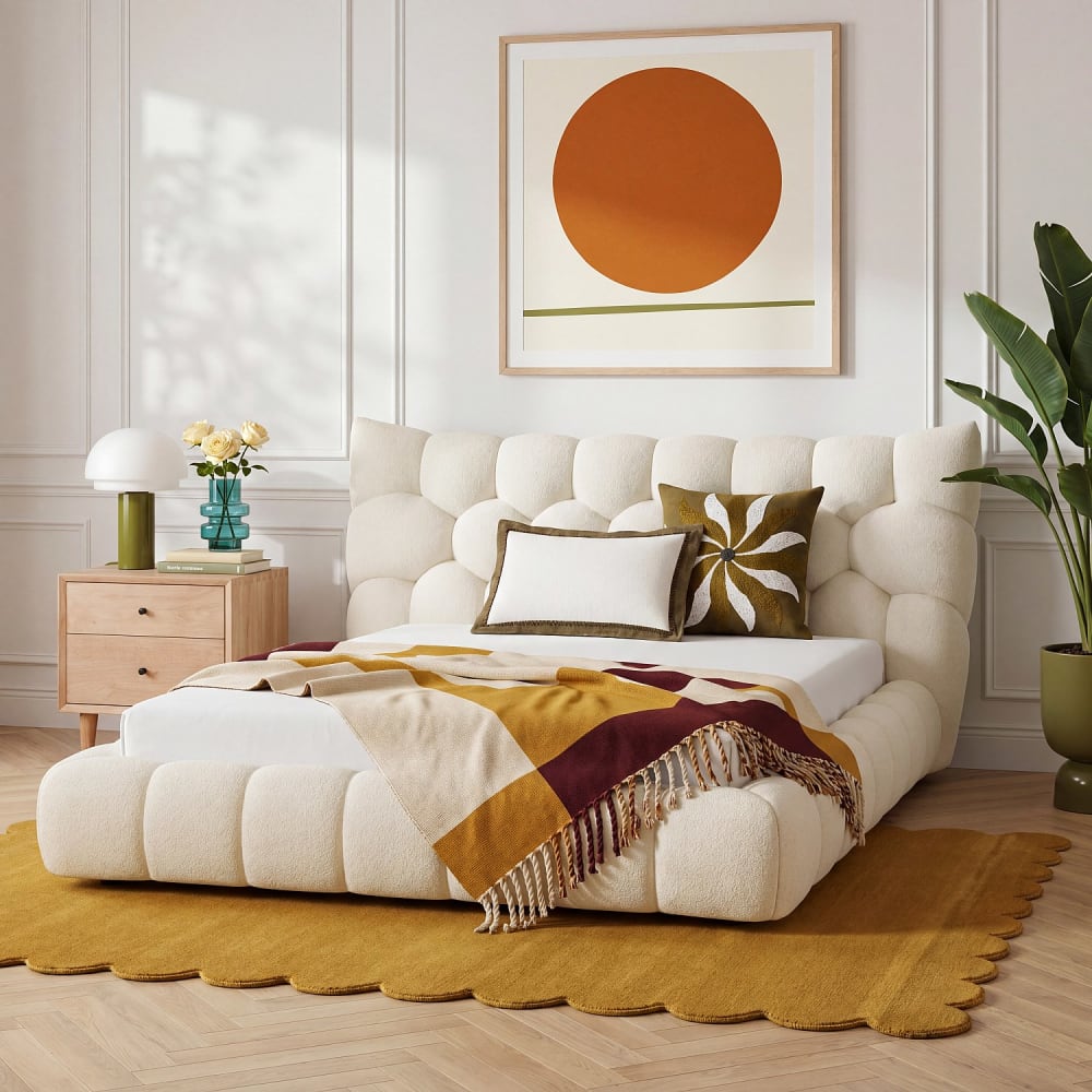 Lit 160 x 200 cm en tissu matelassé - crème