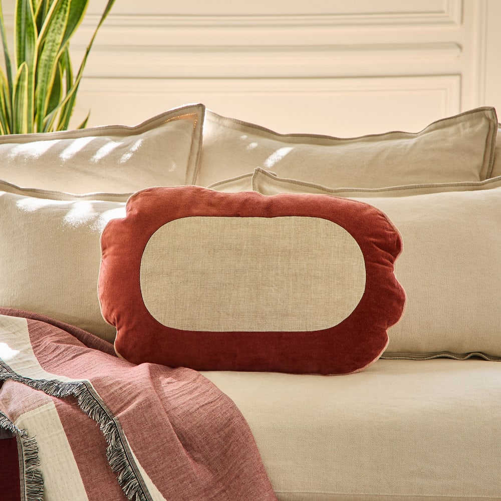 Coussin en lin et coton - 40 x 60 cm - beige et bordeaux