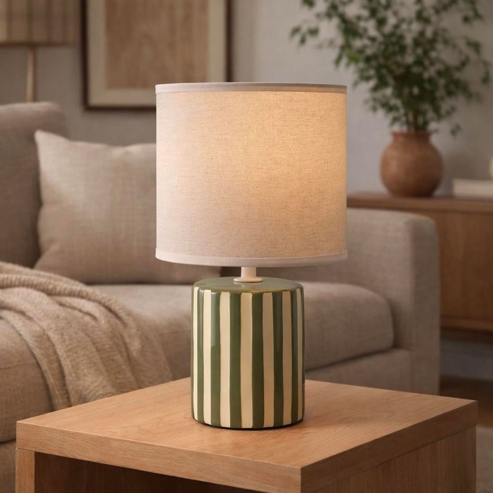 Lampe à poser en céramique rayée vert et blanc 16x16x27.5cm — vue 3