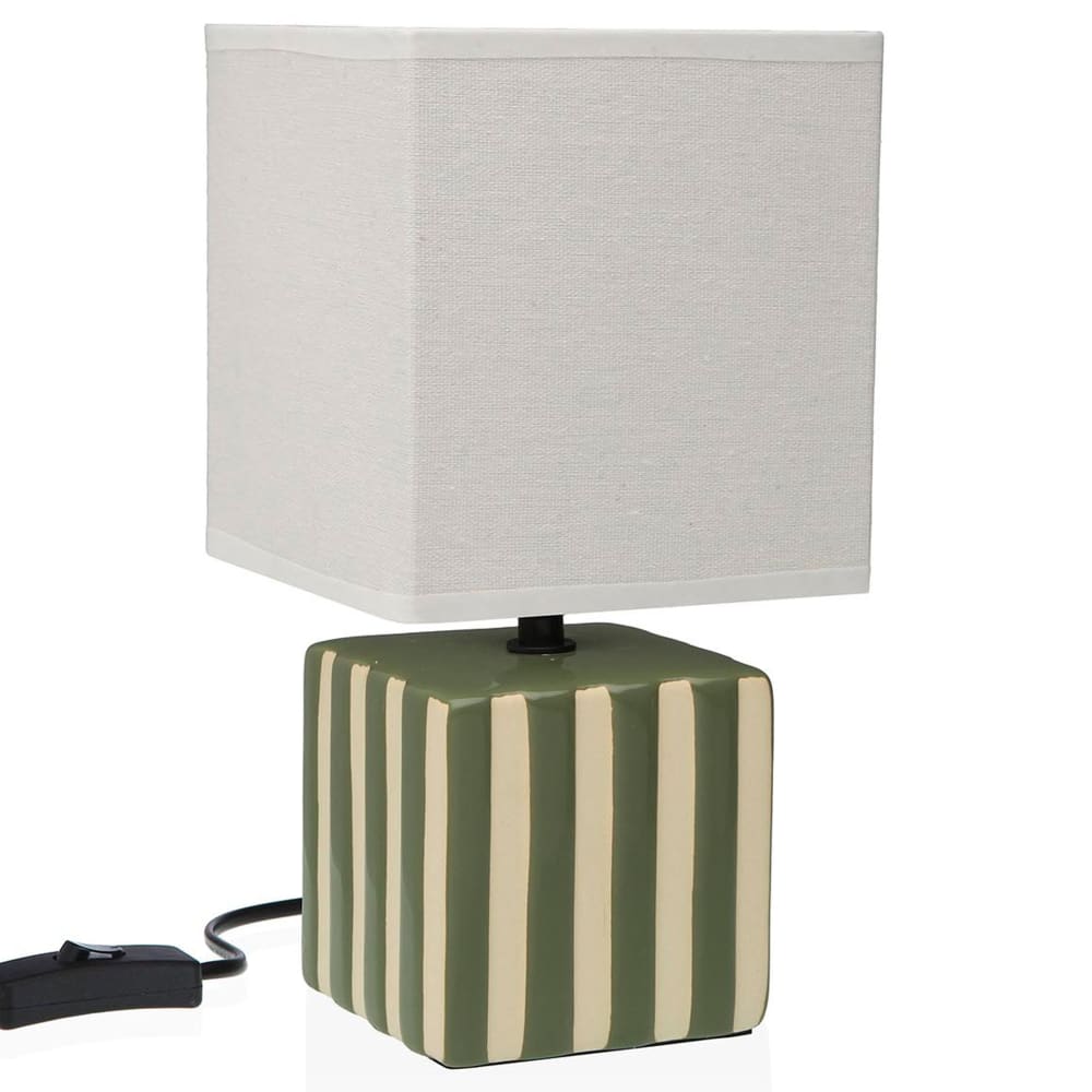 Lampe à poser carrée en céramique rayée verte et beige 14x14x27.5cm
