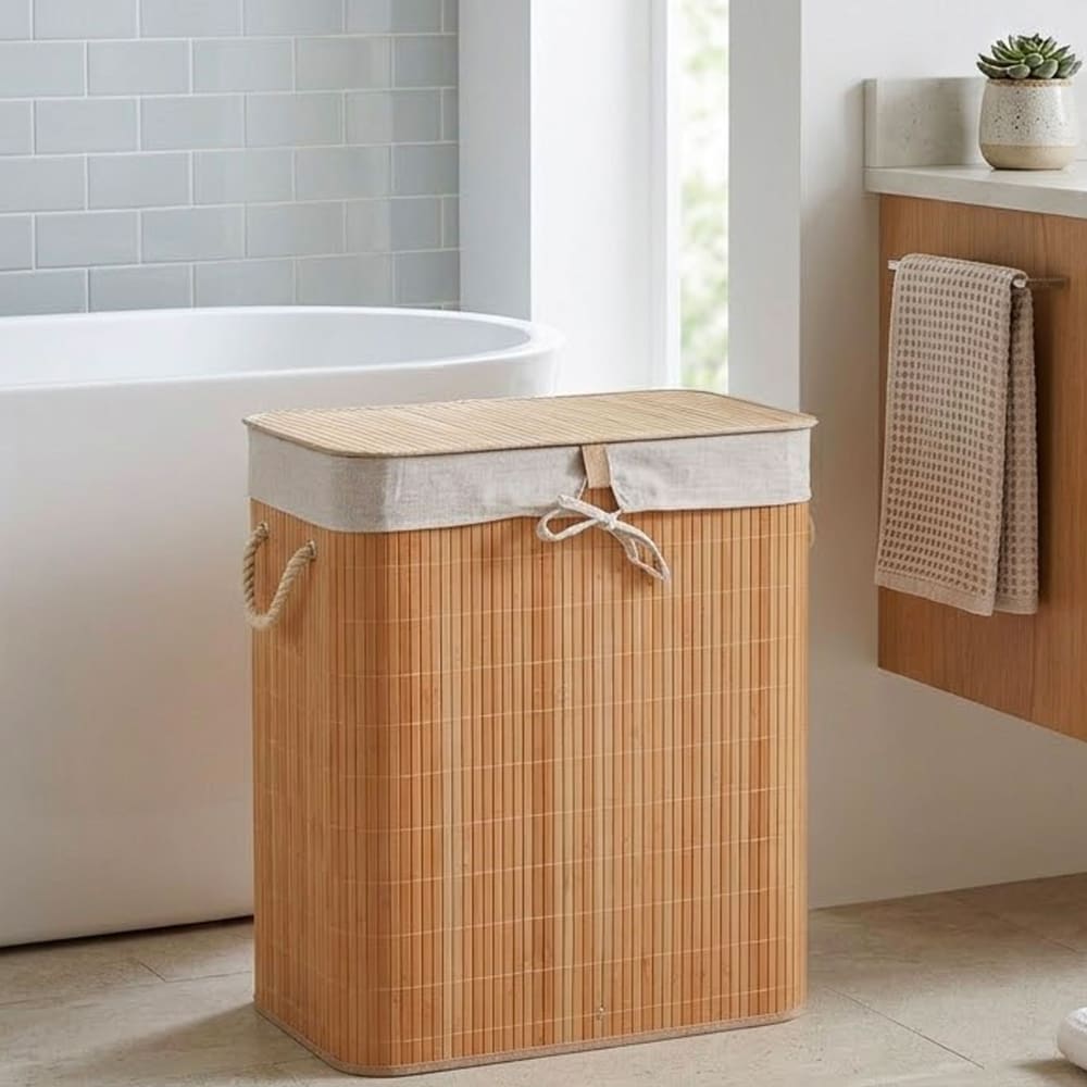 Panier à linge en bambou et intérieur amovible en tissu 50x30x60cm — vue 4