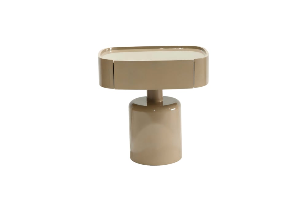 Table d'appoint à un tiroir laquée couleur taupe brillant