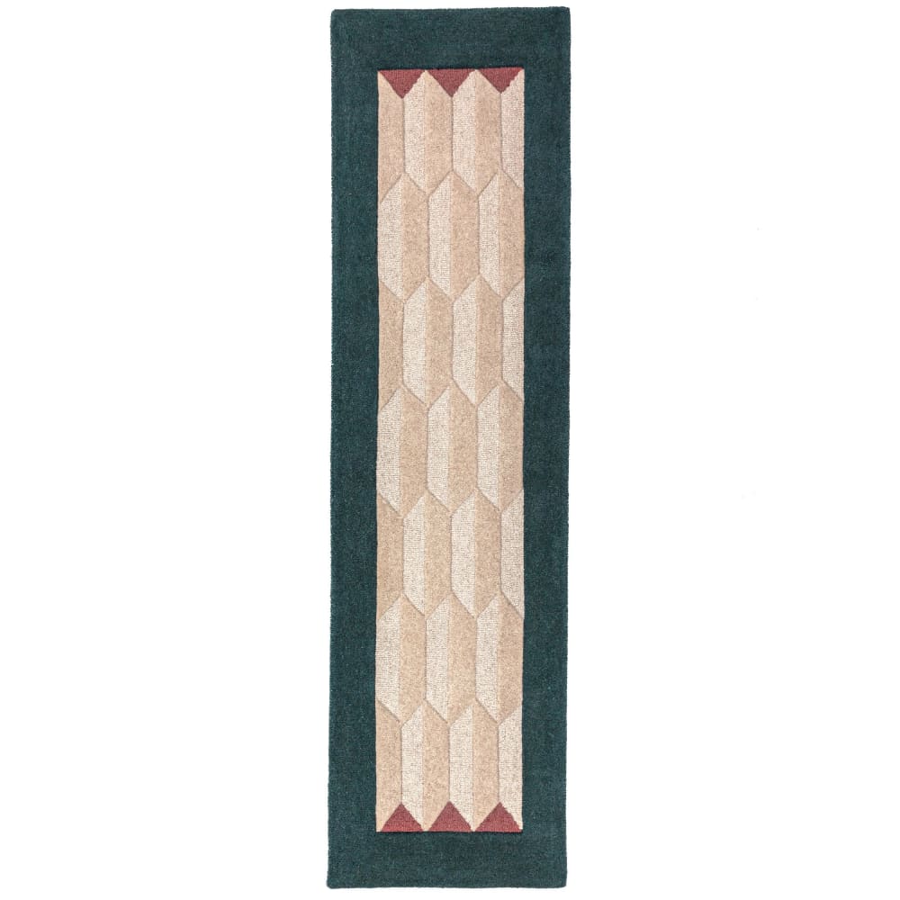 Tapis de couloir en laine beige à bordure bleue canard 60x230cm