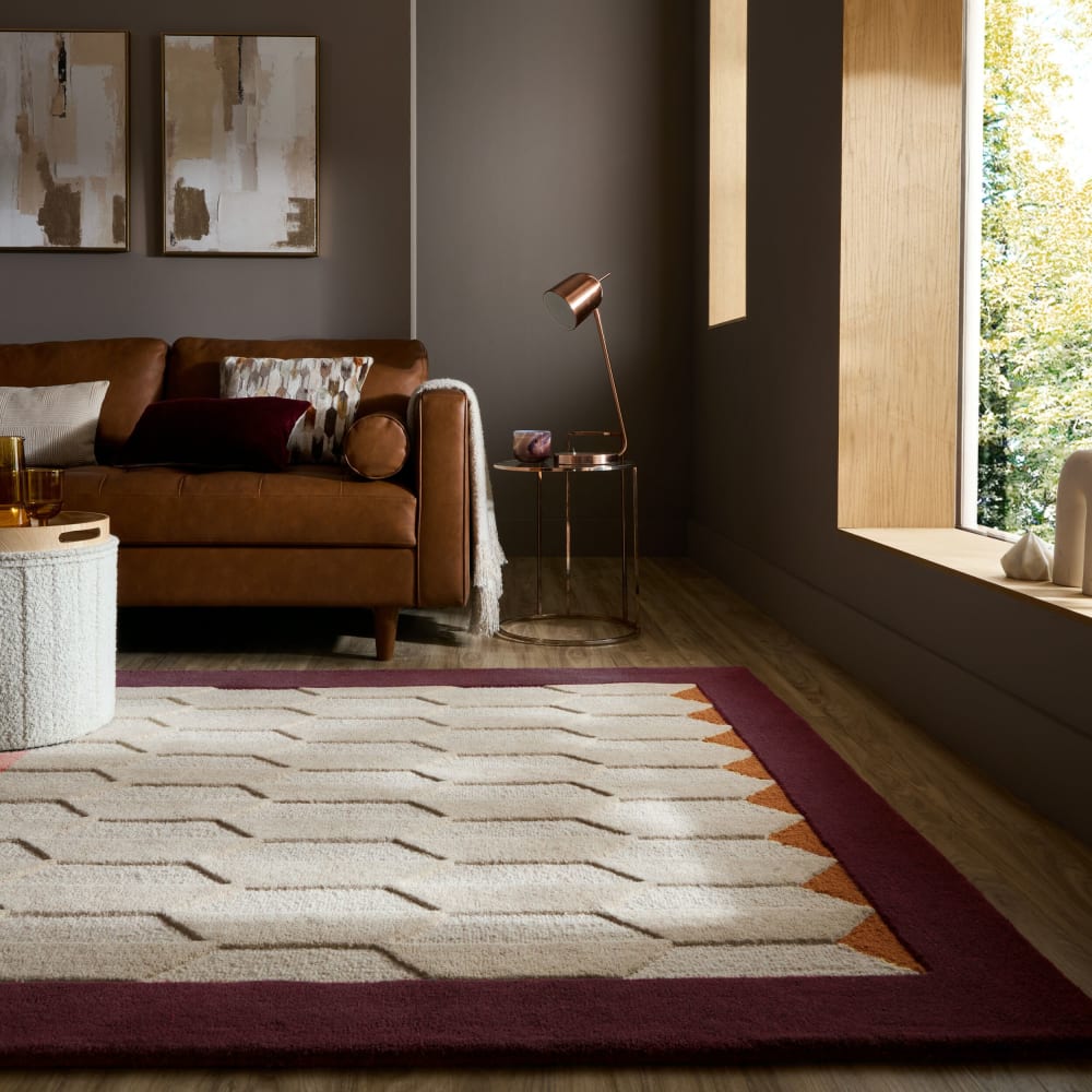Tapis en laine beige à bordure bordeaux 160x230cm — vue 3