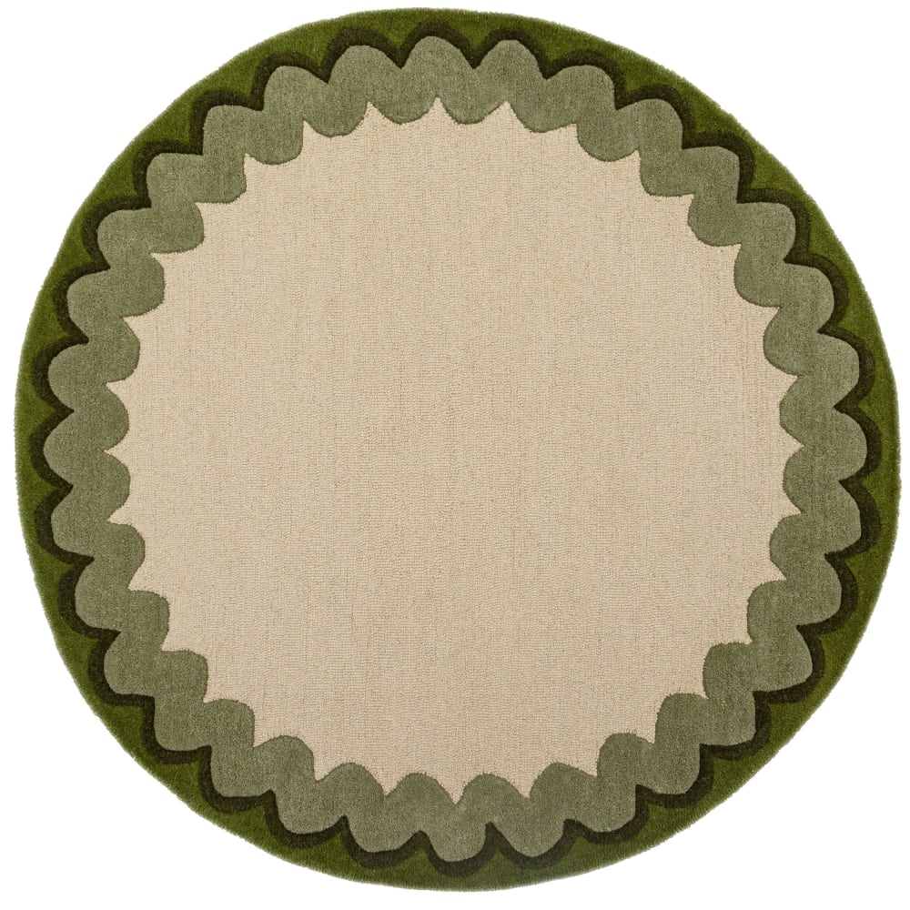 Tapis rond en laine beige à bordure vert olive 160x160cm