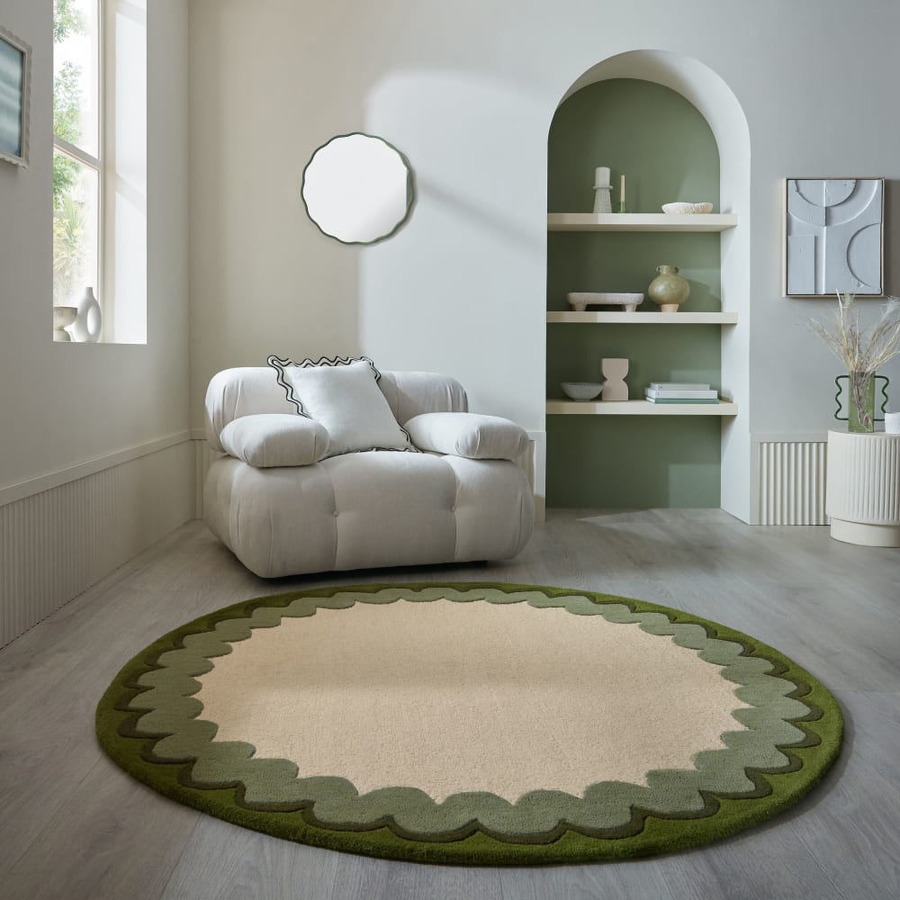 Tapis rond en laine beige à bordure vert olive 160x160cm — vue 3