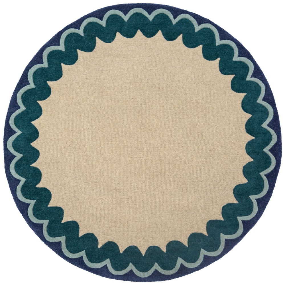 Tapis rond en laine beige à bordure bleue et verte 160x160cm