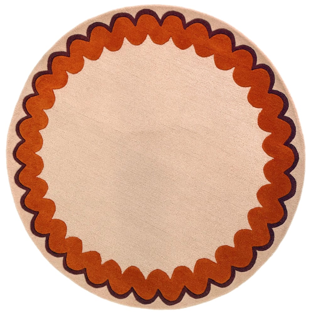 Tapis rond en laine beige à bordure orange 160x160cm
