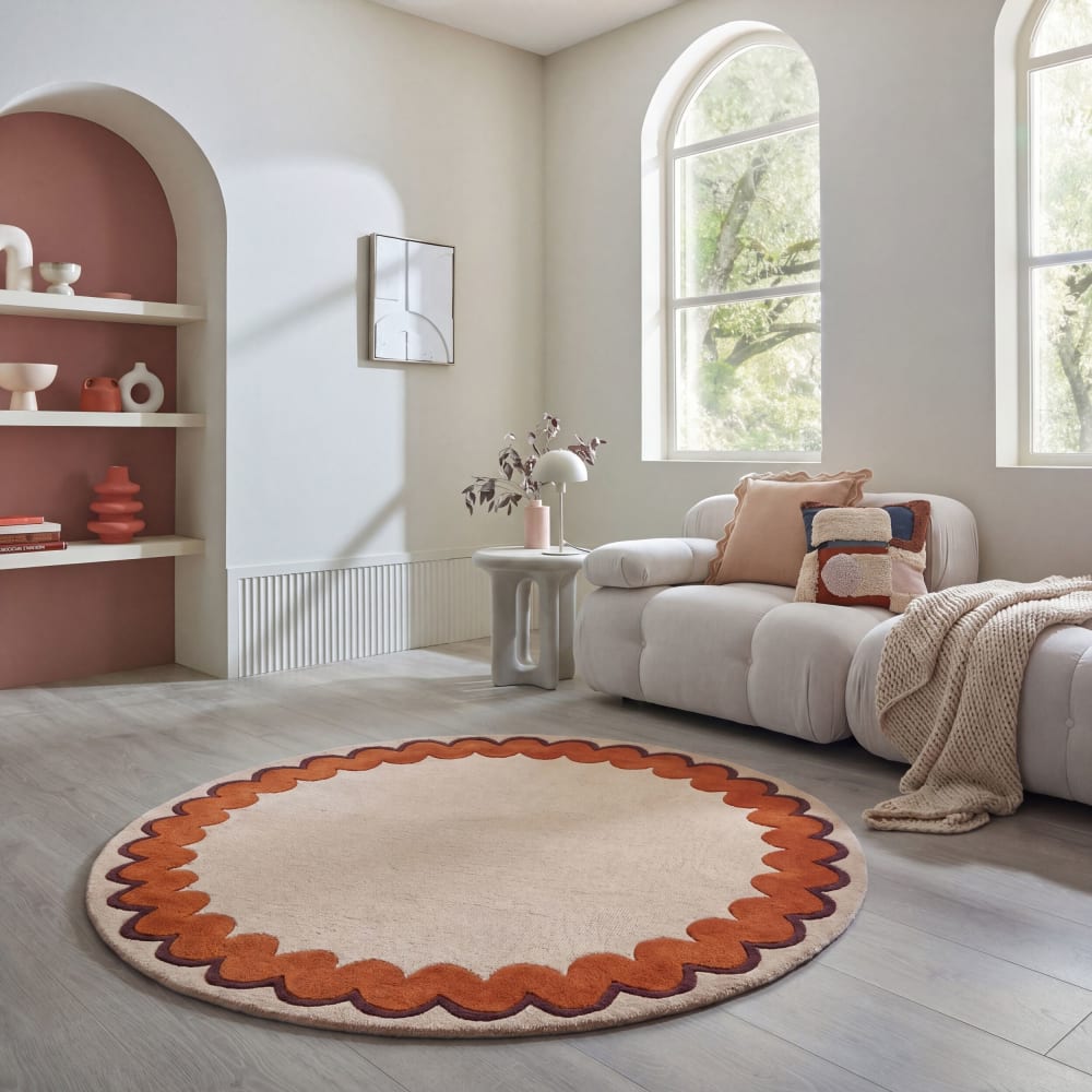 Tapis rond en laine beige à bordure orange 160x160cm — vue 3
