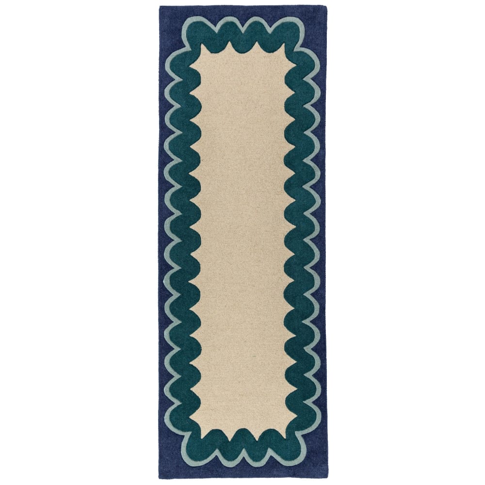 Tapis de couloir en laine beige à bordure bleue et verte 80x230cm