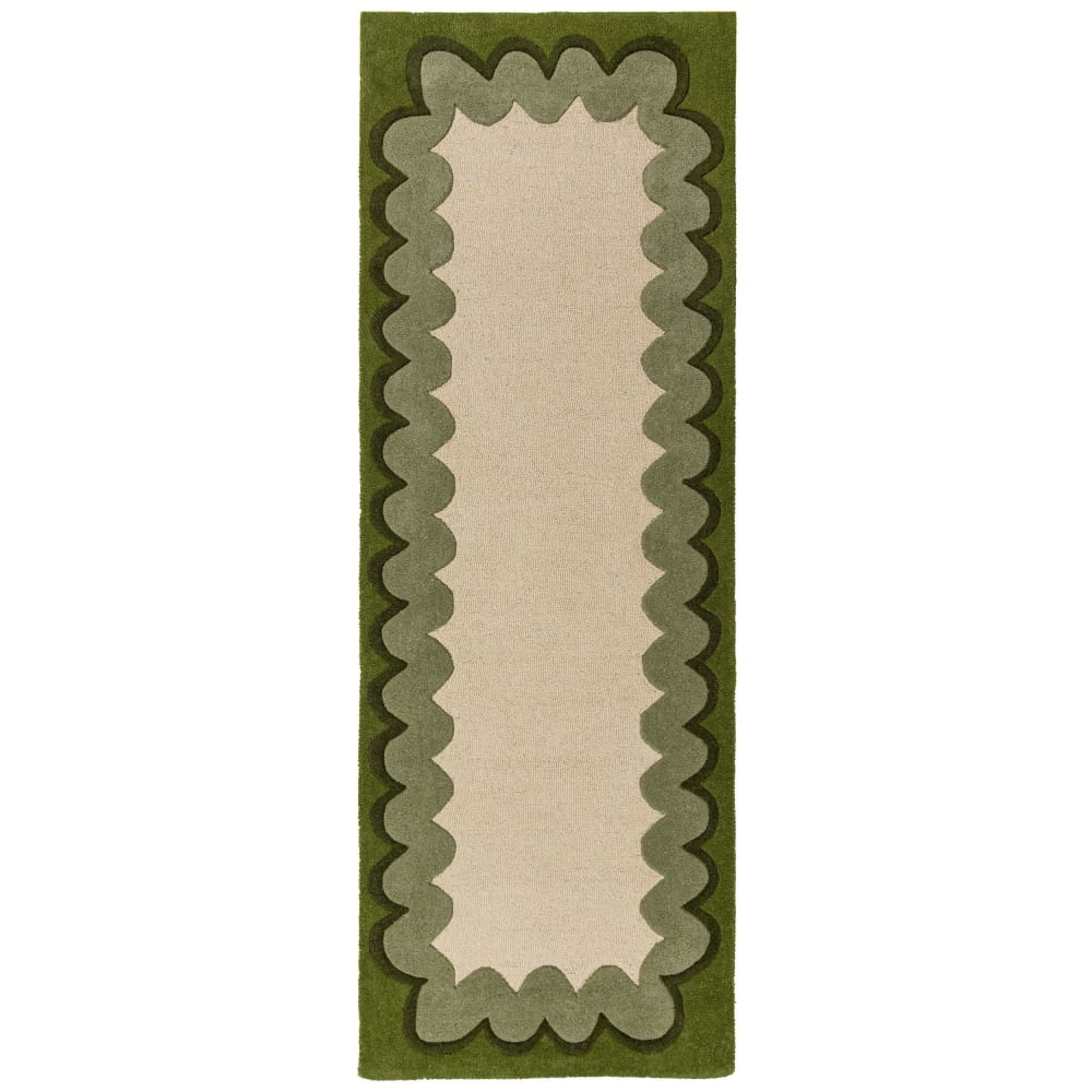 Tapis de couloir en laine beige à bordure vert olive 80x230cm