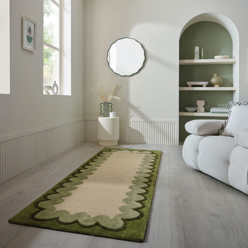 Tapis de couloir en laine beige à bordure vert olive 80x230cm — vue 3
