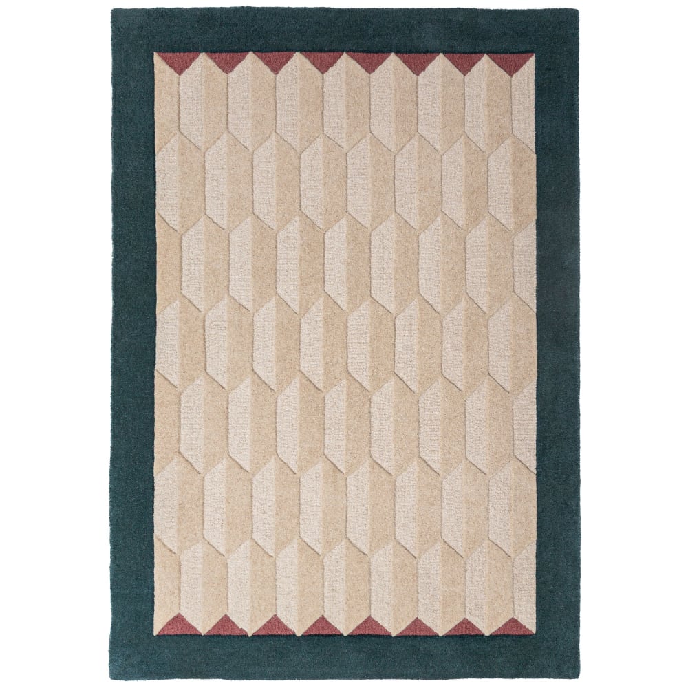 Tapis en laine beige à bordure sarcelle 120x170cm
