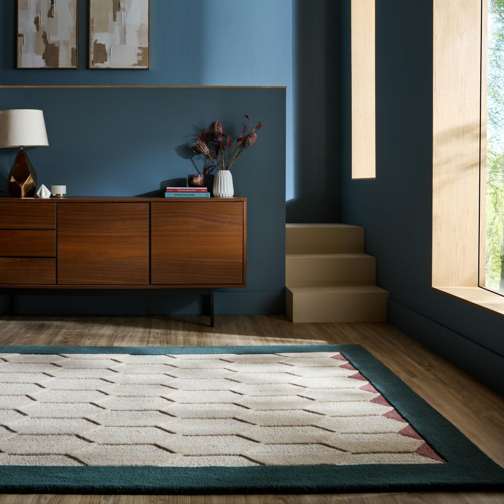 Tapis en laine beige à bordure sarcelle 120x170cm — vue 3