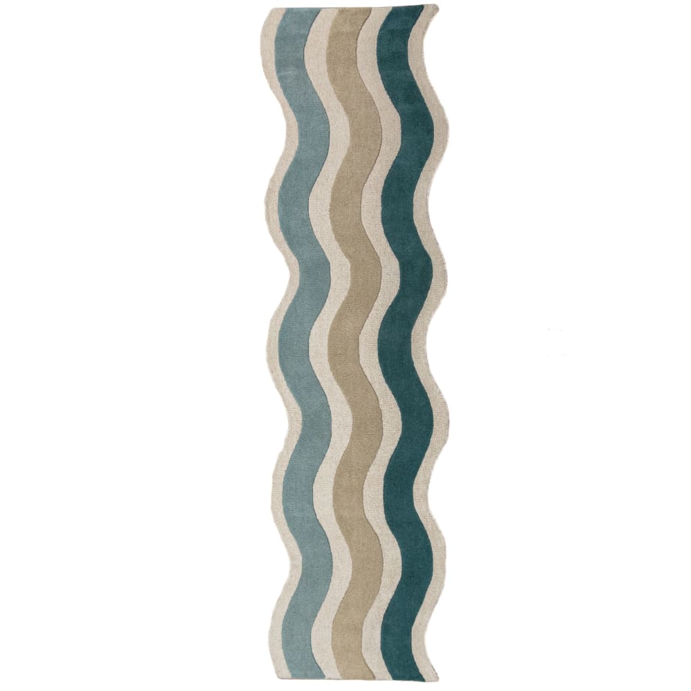 Tapis de couloir en laine bleu, beige et vert 80x300cm