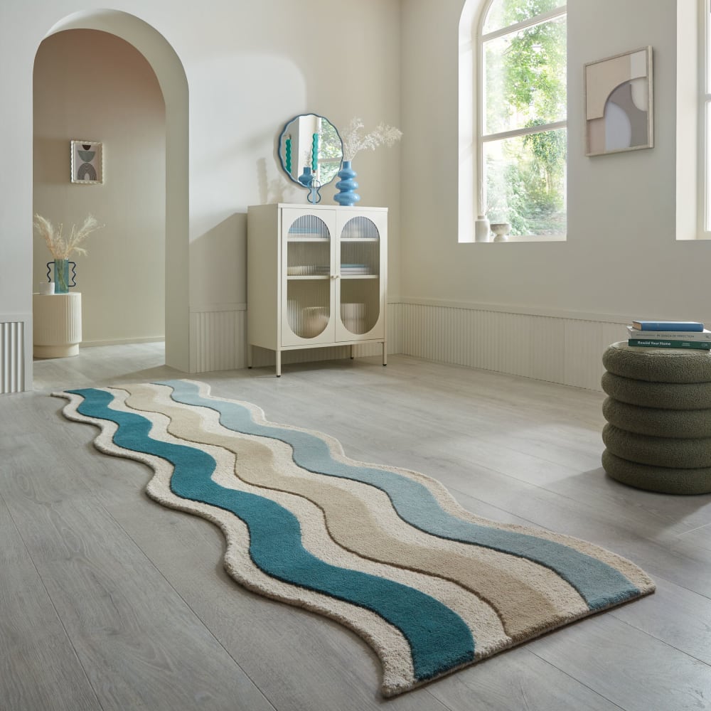 Tapis de couloir en laine bleu, beige et vert 80x300cm — vue 3