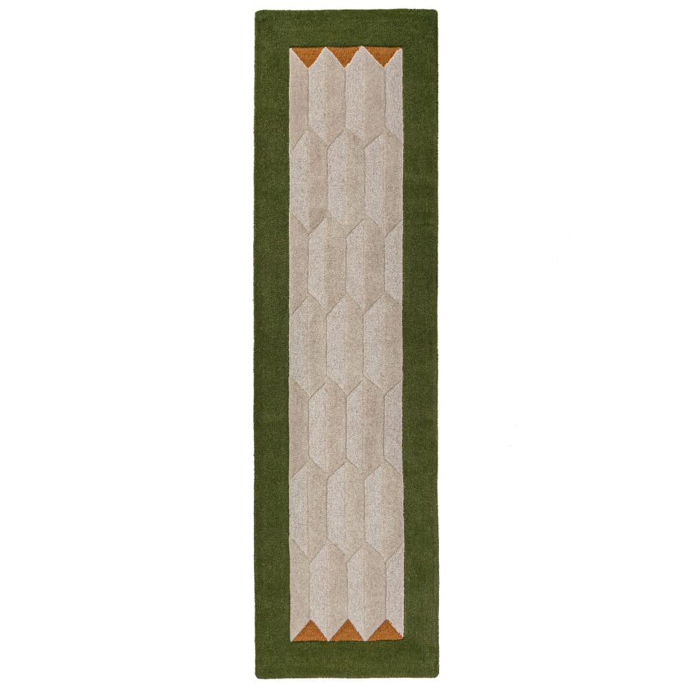 Tapis de couloir en laine beige à bordure verte 60x230cm
