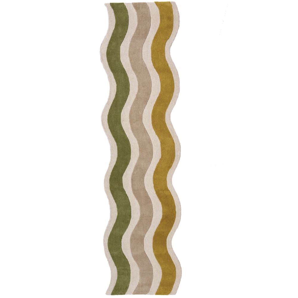 Tapis de couloir en laine vert, beige et ocre 80x300cm