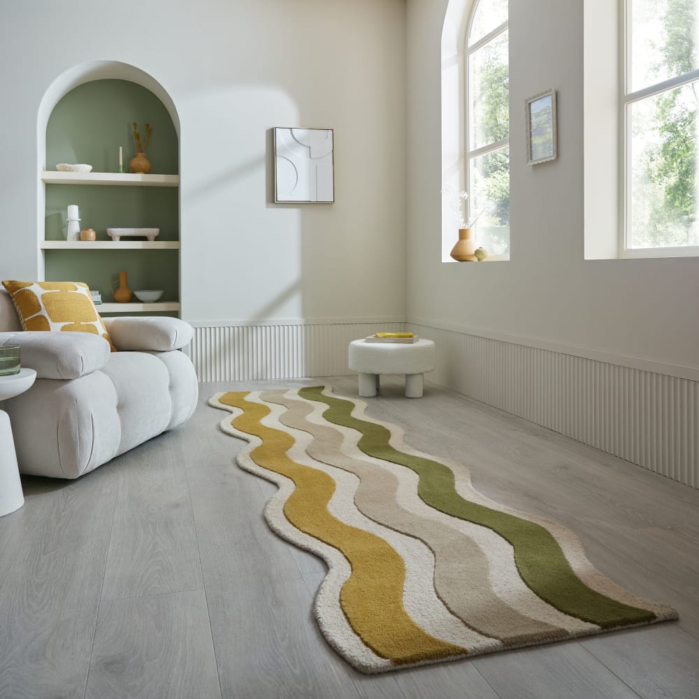 Tapis de couloir en laine vert, beige et ocre 80x300cm — vue 3