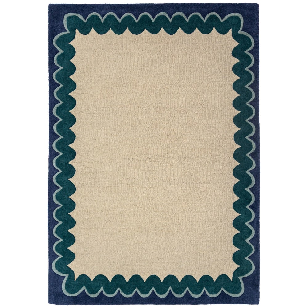 Tapis en laine beige à bordure bleue et verte 160x230cm