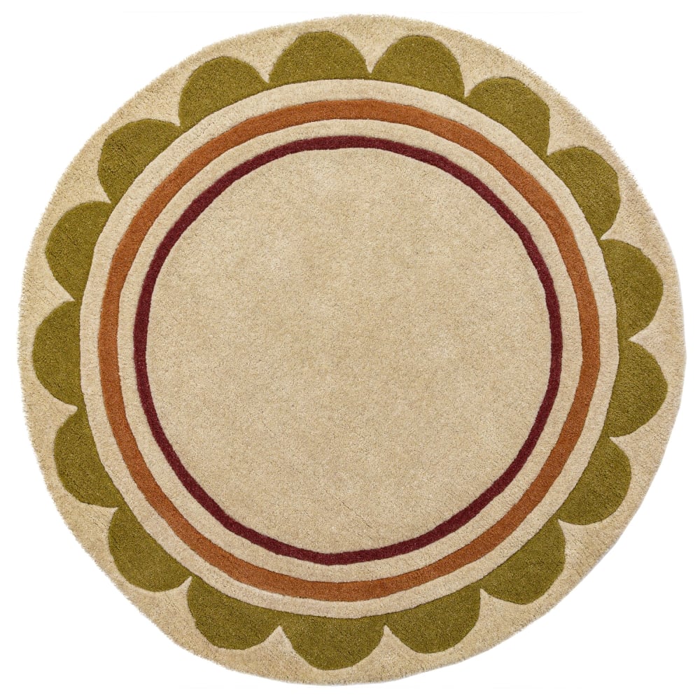 Tapis rond en laine beige, mûre, terracotta et vert 120x120cm