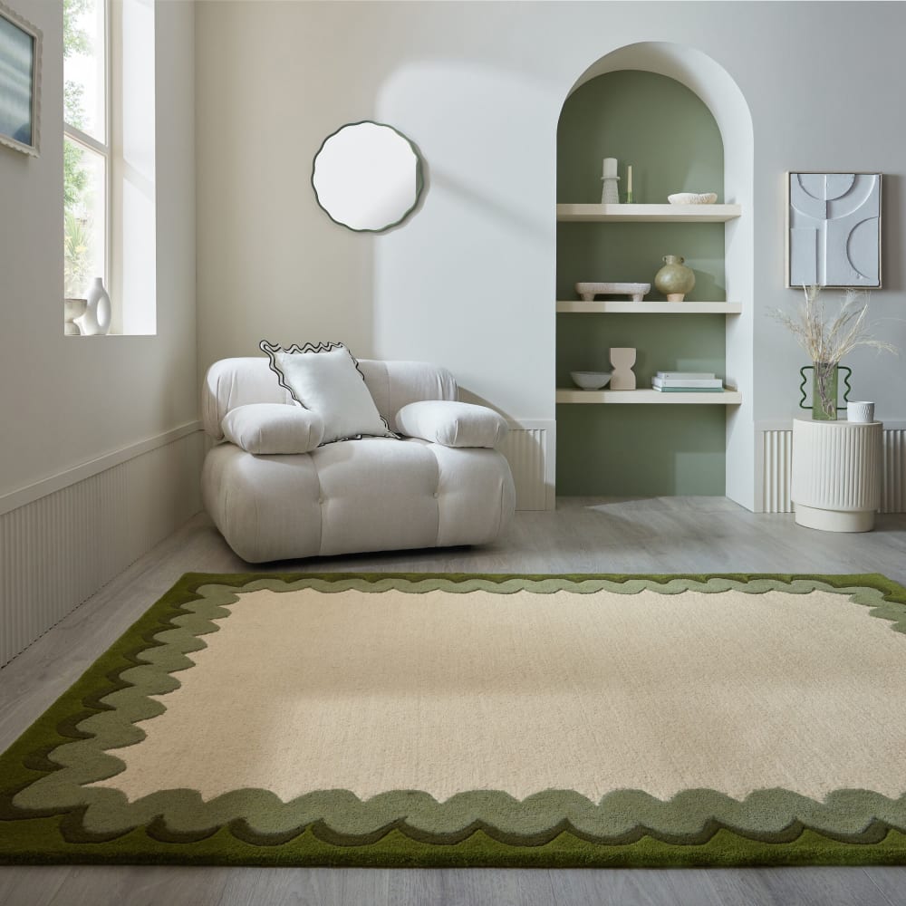 Tapis en laine beige à bordure vert olive 200x290cm — vue 3