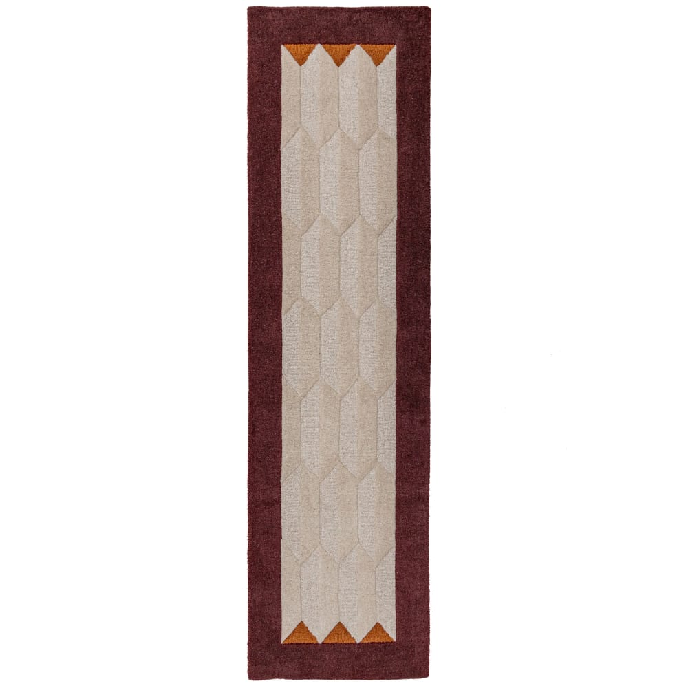 Tapis de couloir en laine beige à bordure bordeaux 60x230cm