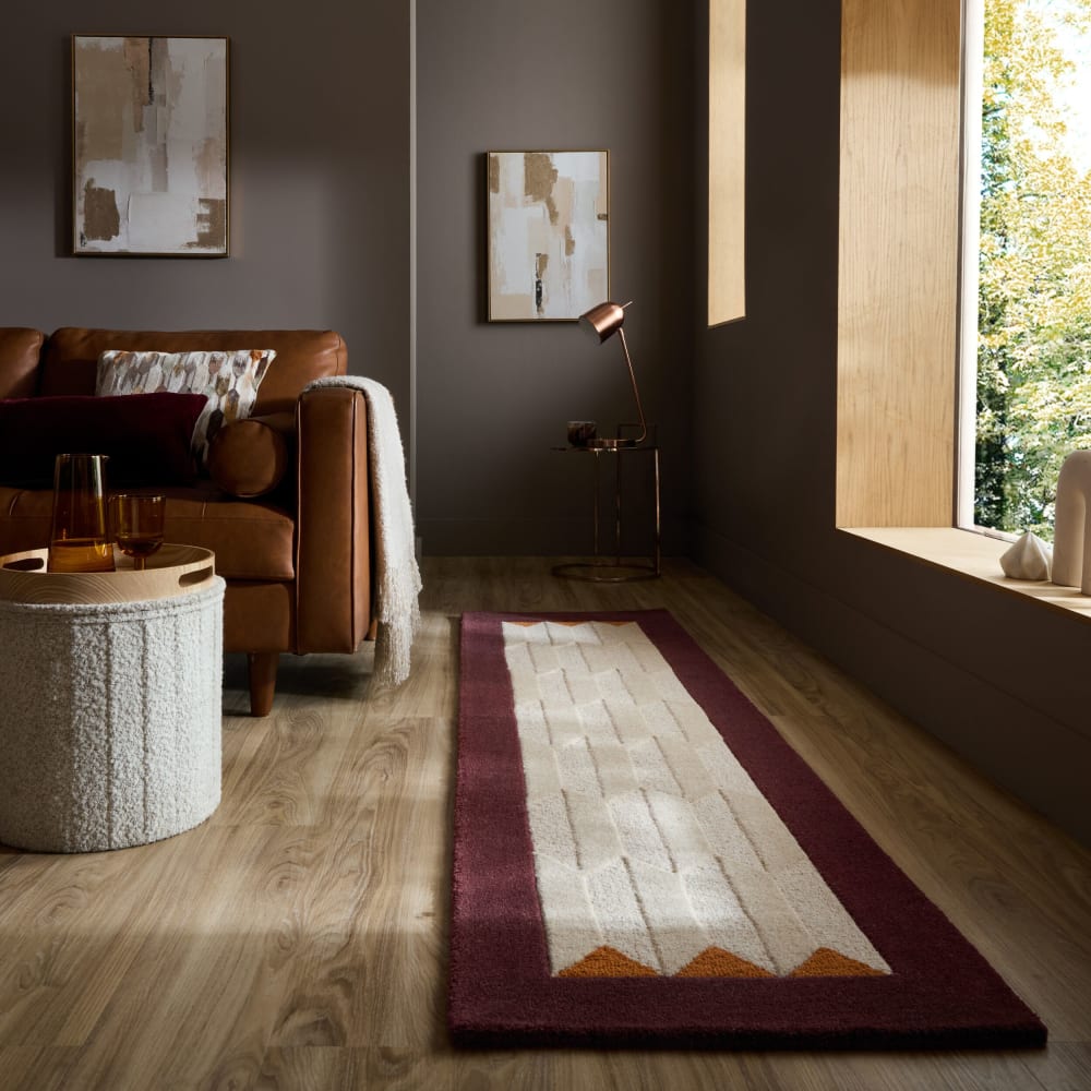 Tapis de couloir en laine beige à bordure bordeaux 60x230cm — vue 3