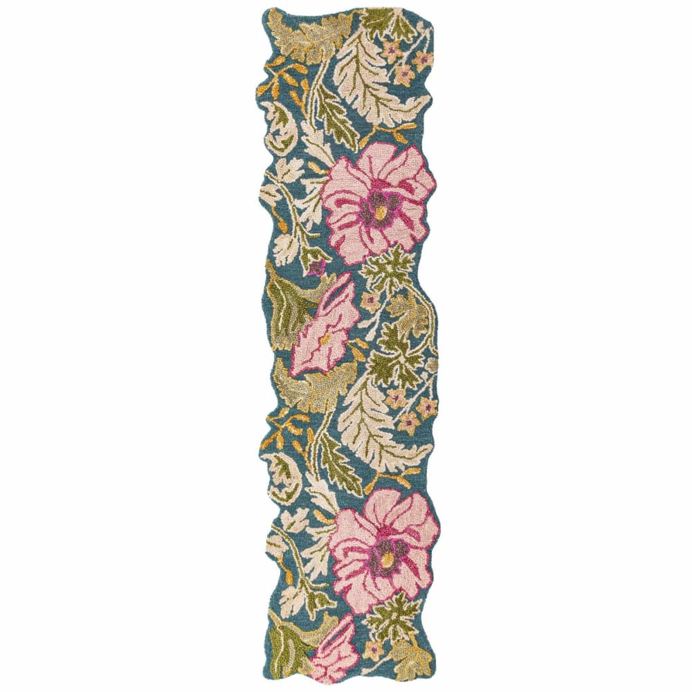 Tapis de couloir floral en laine multicolore à fond bleu 60x230cm