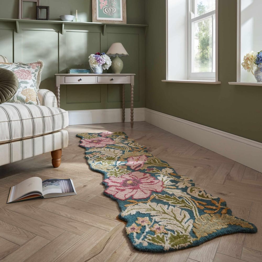 Tapis de couloir floral en laine multicolore à fond bleu 60x230cm — vue 3