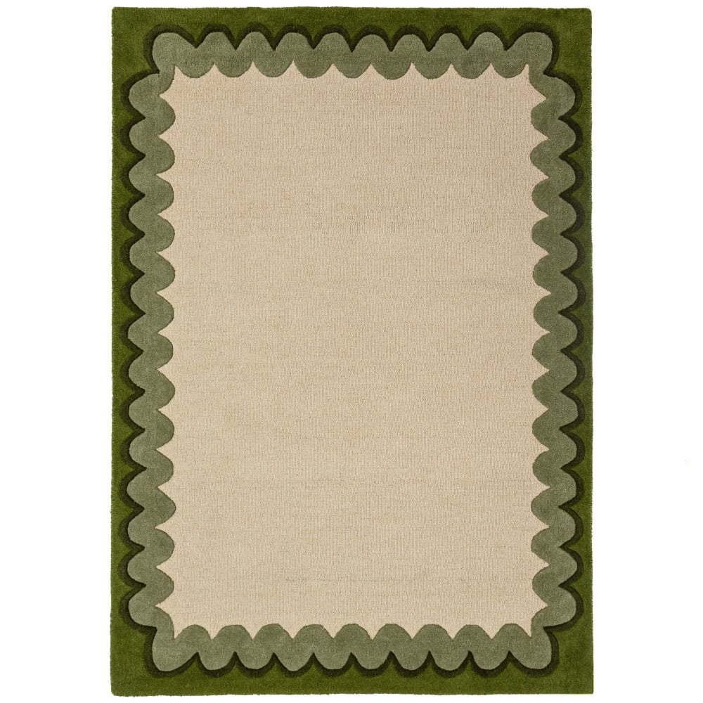 Tapis en laine beige à bordure vert olive 140x200cm
