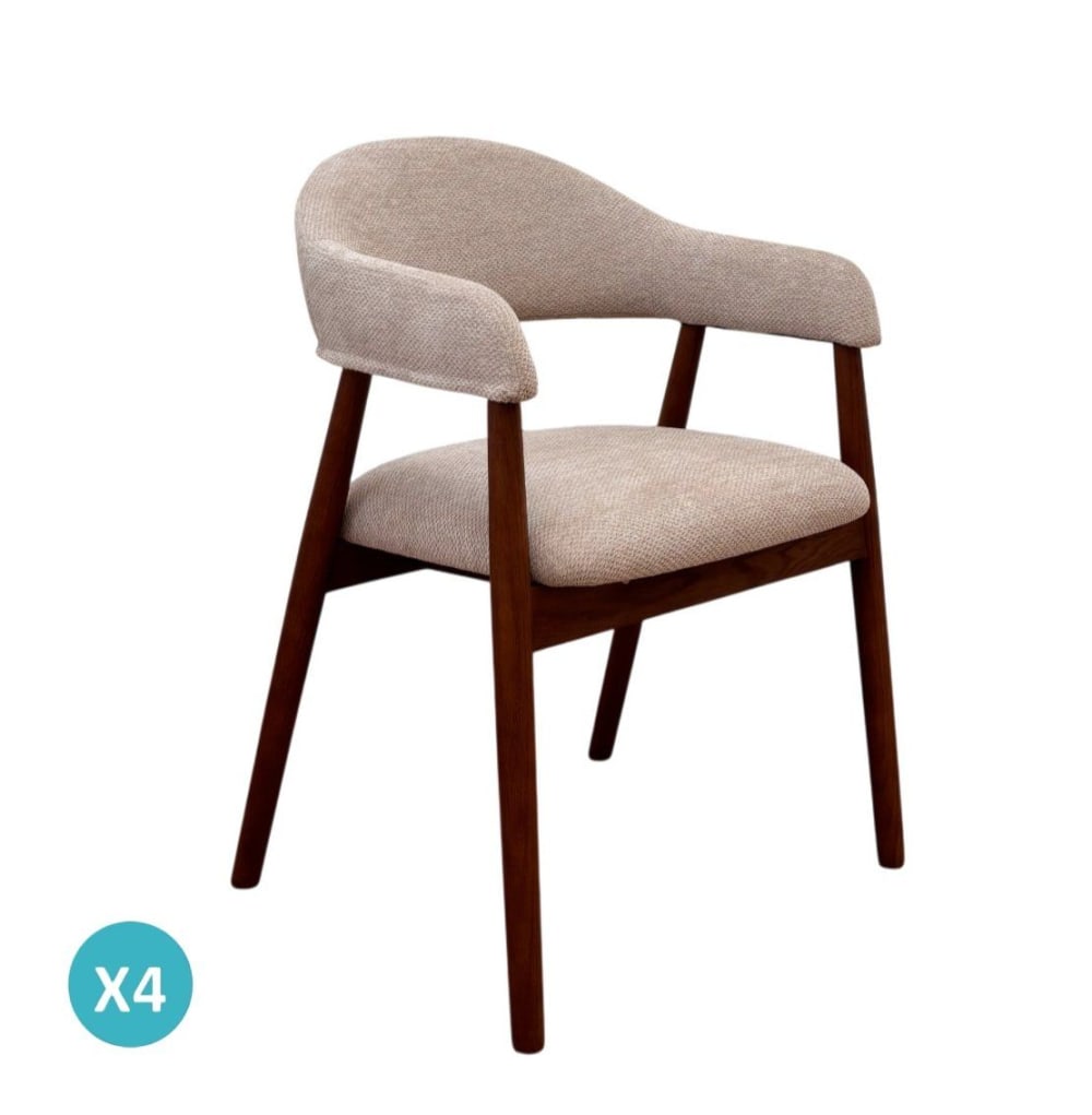 Lot de 4 fauteuils en bois de chêne noyer rembourrés en beige Lot de 4 fauteuils en bois de chêne noyer rembourrés en beige