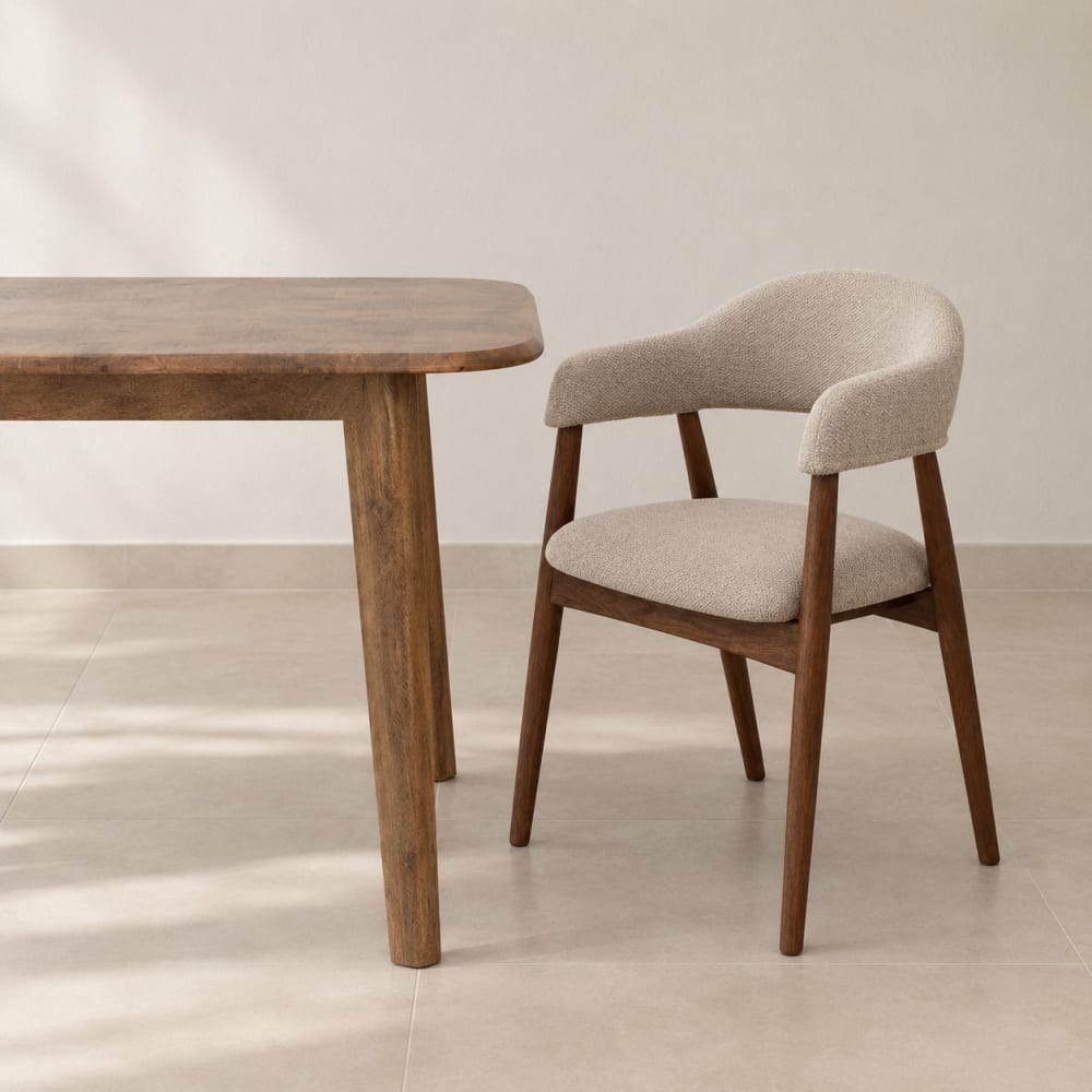 4er-Set Sessel, Eiche in Nussbaumoptik, beiger Bezug - Maisons Du