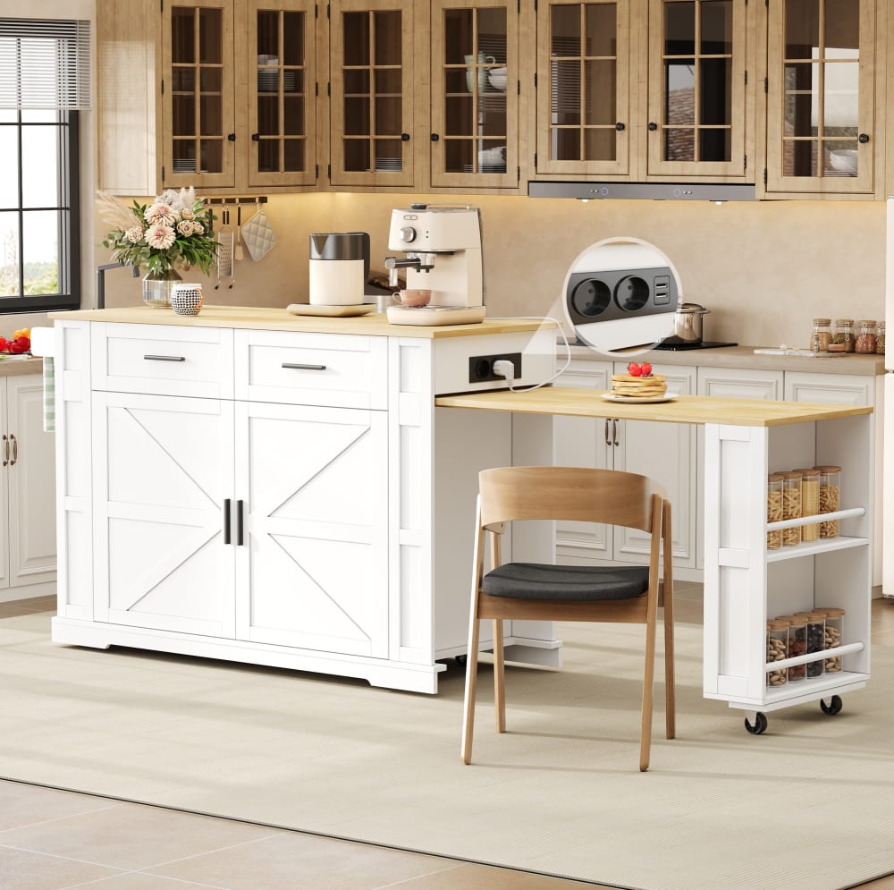 Îlot de cuisine blanc et décor chêne avec prises usb