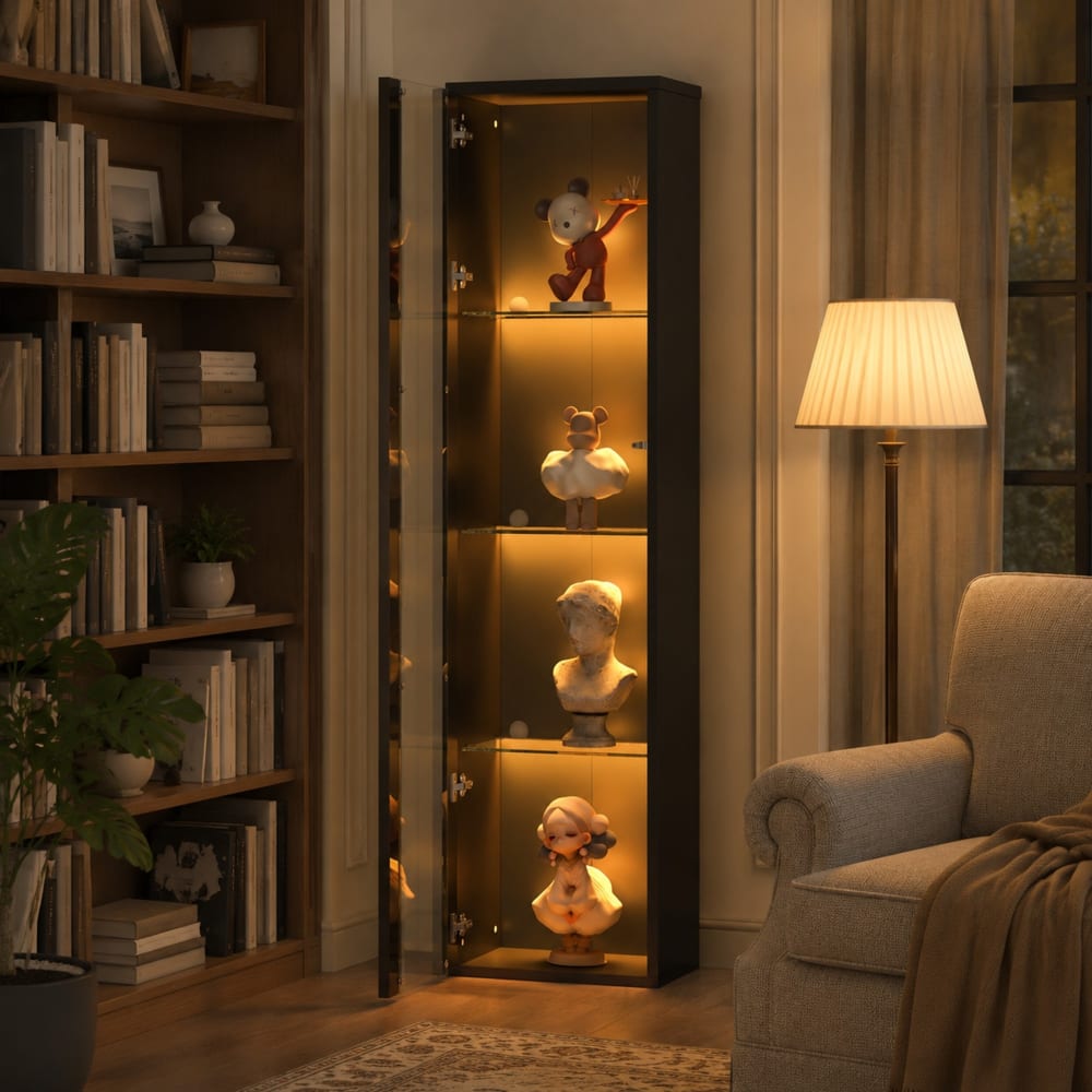 Vitrine en panneau de particules et verre noir avec led