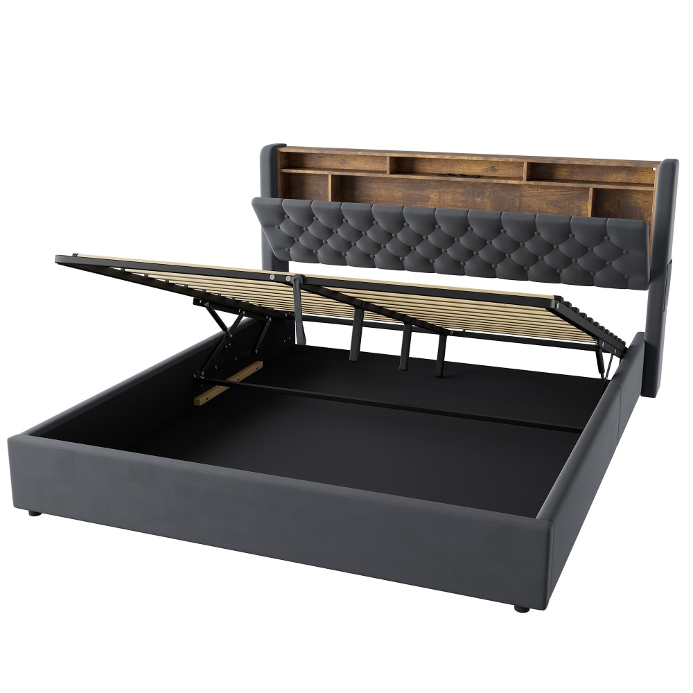 Hauss Spole Polsterbett aus Samt dunkelgrau 180 x 200 cm mit Stauraum - Samt