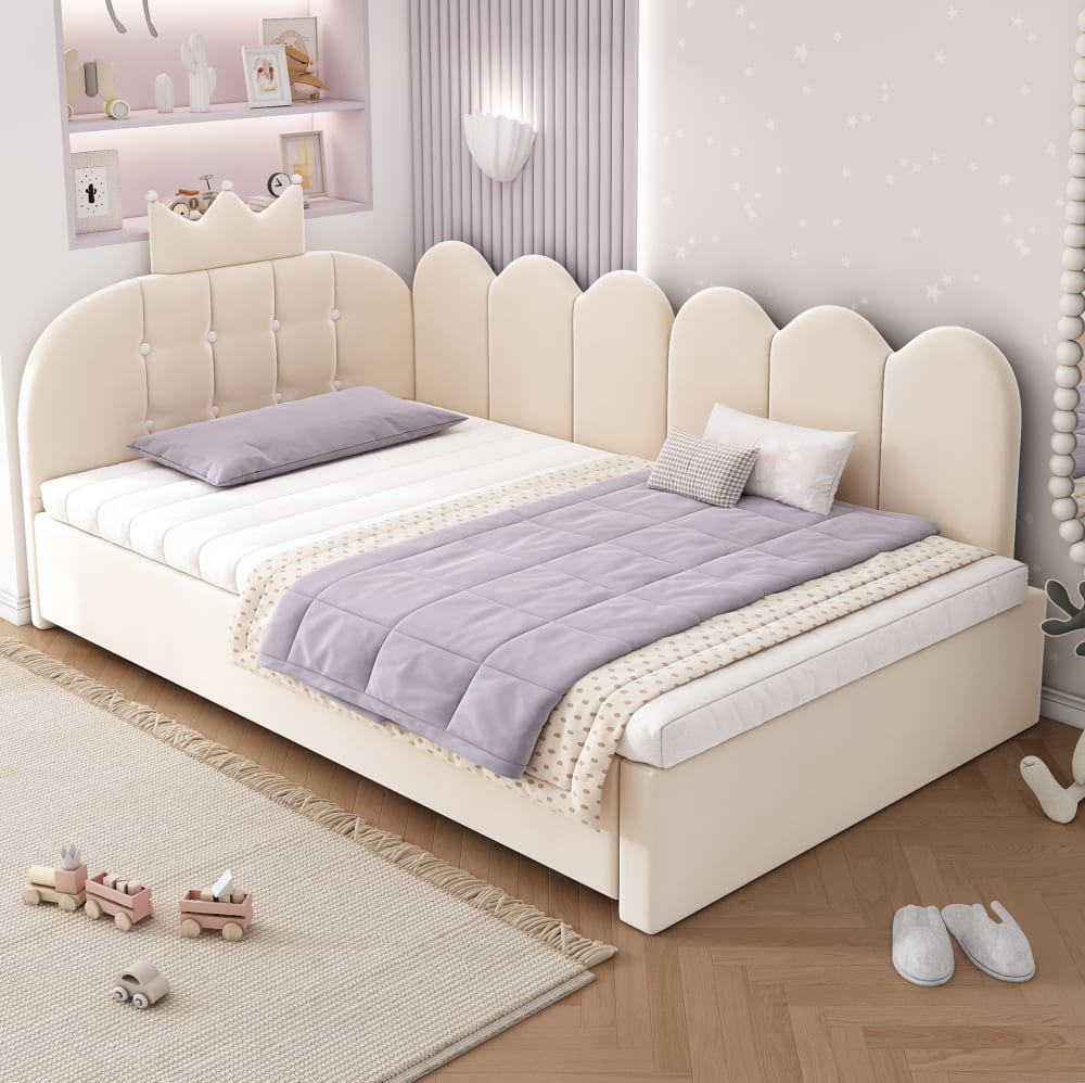 Lit de jour en velours polyester beige avec lit gigogne 90 x 200 cm